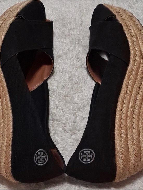 Tory Burch Shoes - Tory Burch Black Espadrille Peep-Toe Wedges